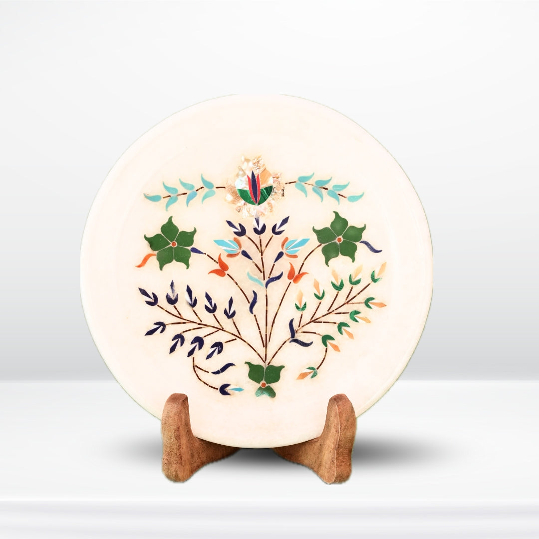 Artisan Round Marble Plate with Exquisite Floral Inlay