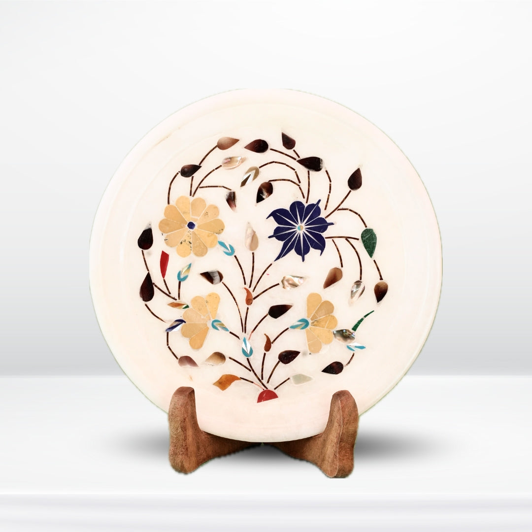 Round Marble Decorative Plate with Traditional Floral Inlay