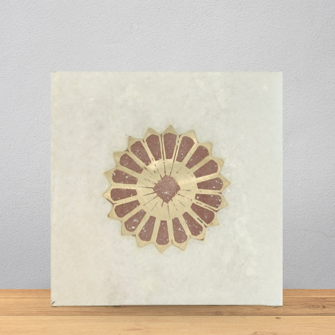 Artisan-Crafted White Marble Inlay Tile (6 x 6 Inch)