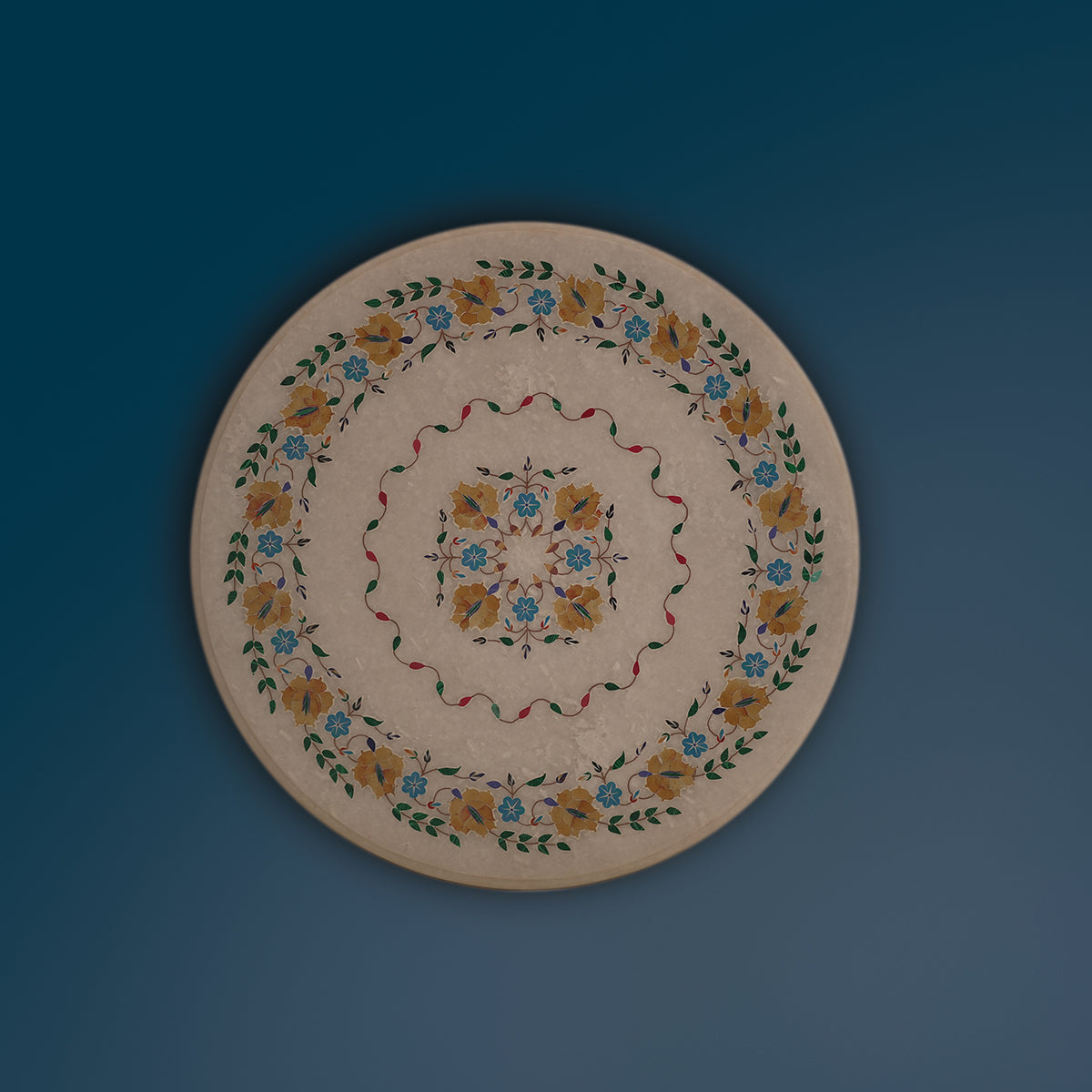 White marble table top showcasing traditional pietra dura inlay