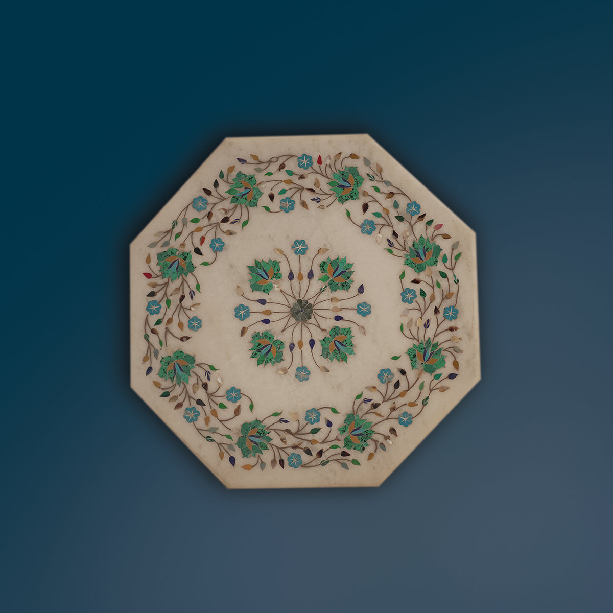 White marble table top with luxury hand-inlay artwork