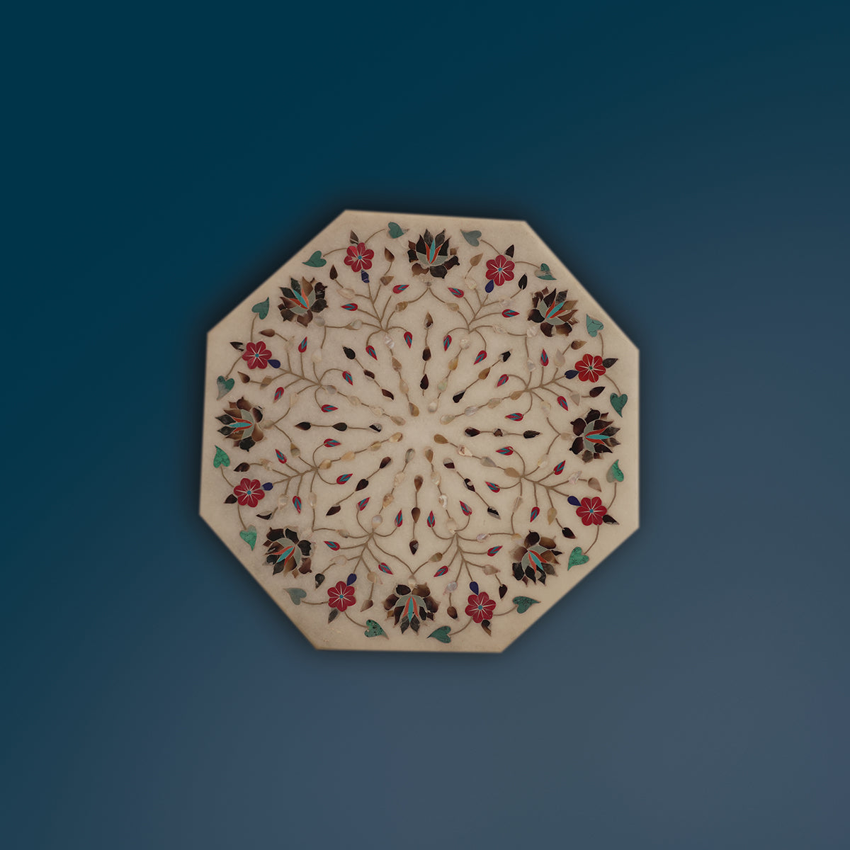 Hand-polished marble table top with colorful inlay stones