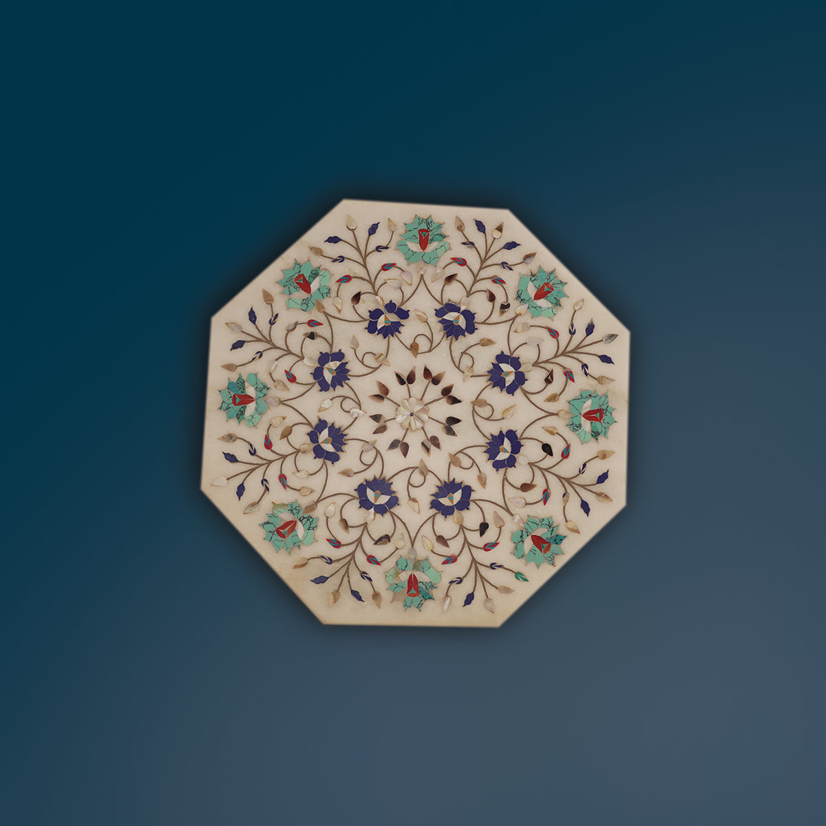 Contemporary marble table top with handcrafted inlay designs