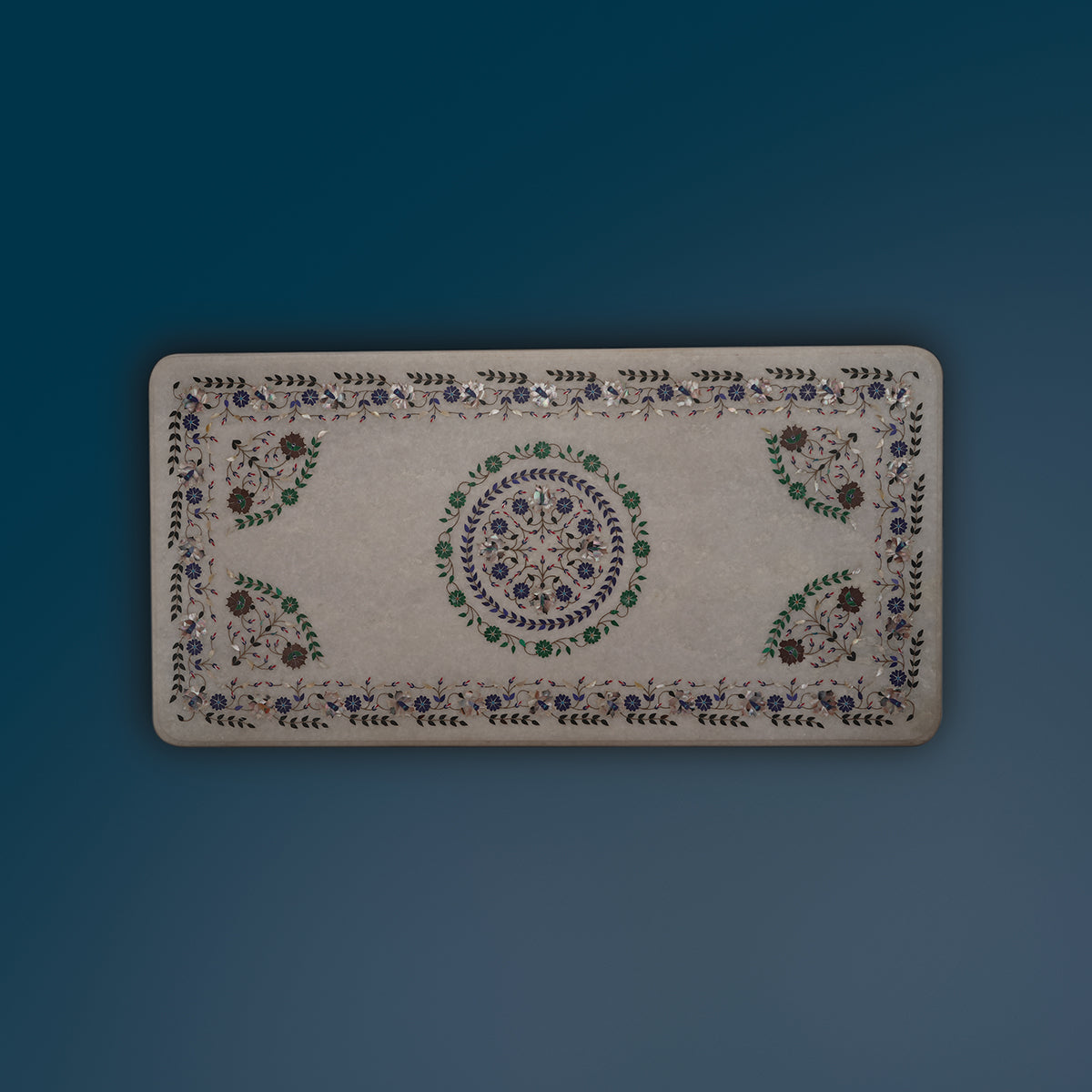 Handmade marble table top with colorful gemstone inlay