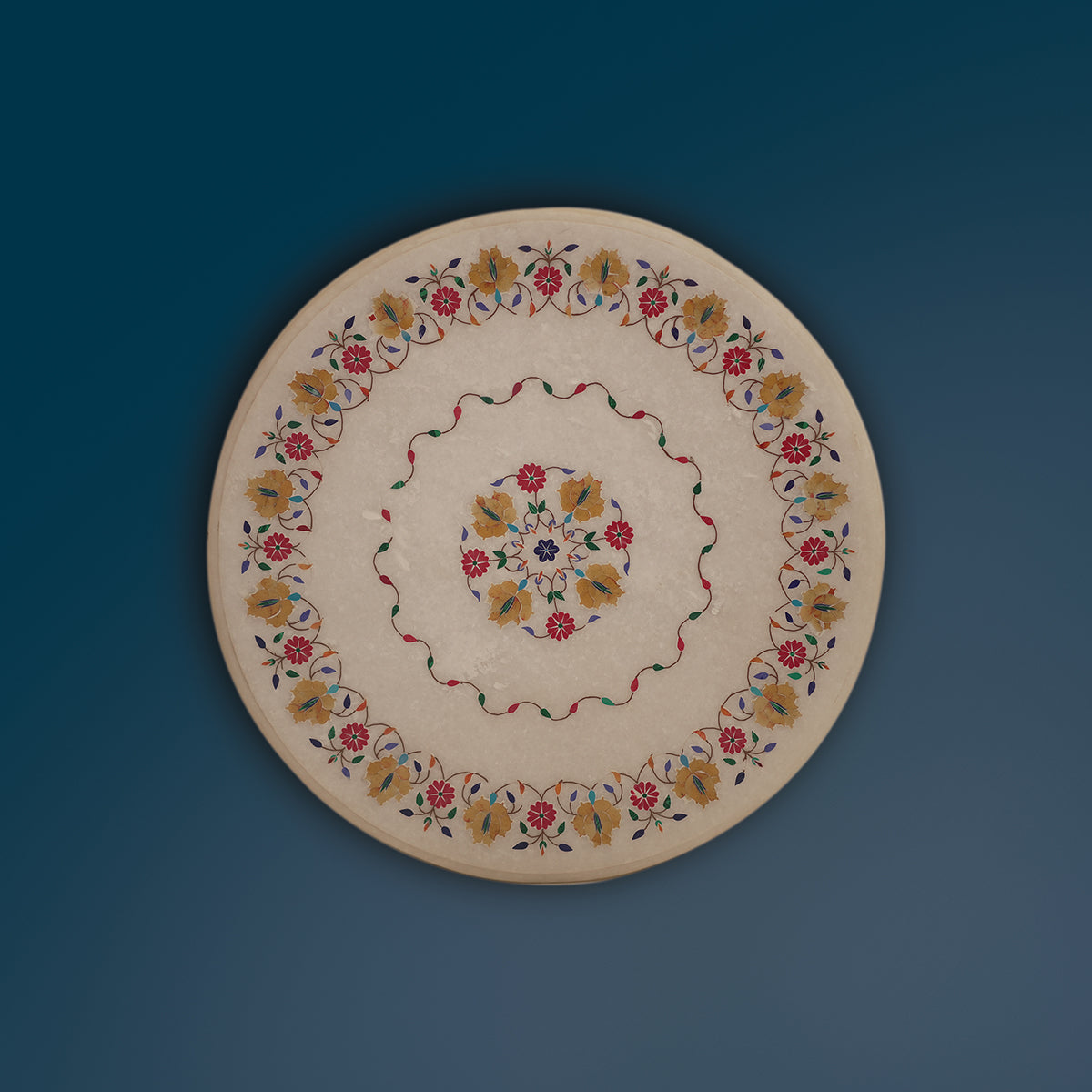 Hand-crafted marble table top with detailed inlay artwork