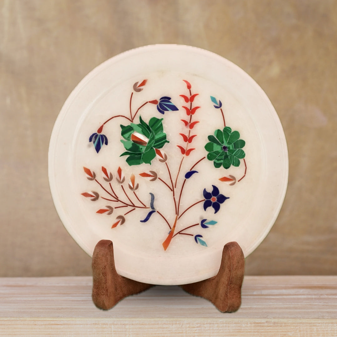 Handcrafted Marble Plate with Floral Inlay Work