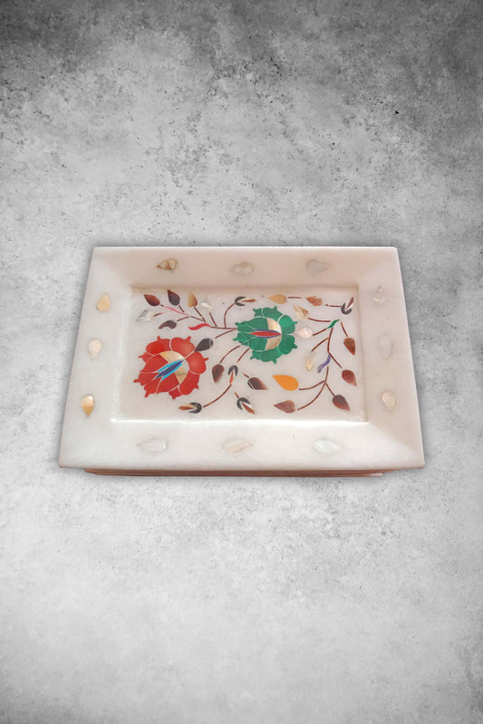 White Marble Inlay Tray – Handcrafted Luxury with Semi-Precious Stones