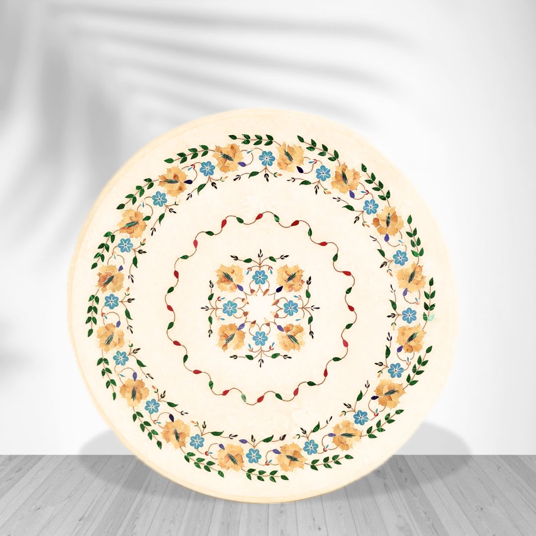 White marble table top showcasing traditional pietra dura inlay