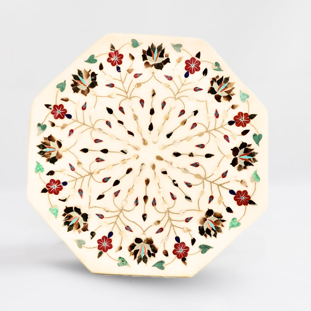 Hand-polished marble table top with colorful inlay stones