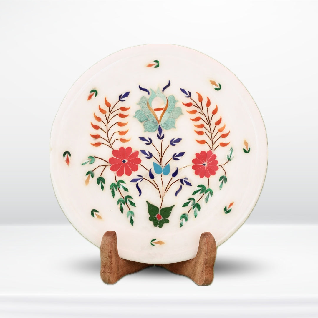 Premium Handcrafted Marble Plate with Floral Inlay Artwork