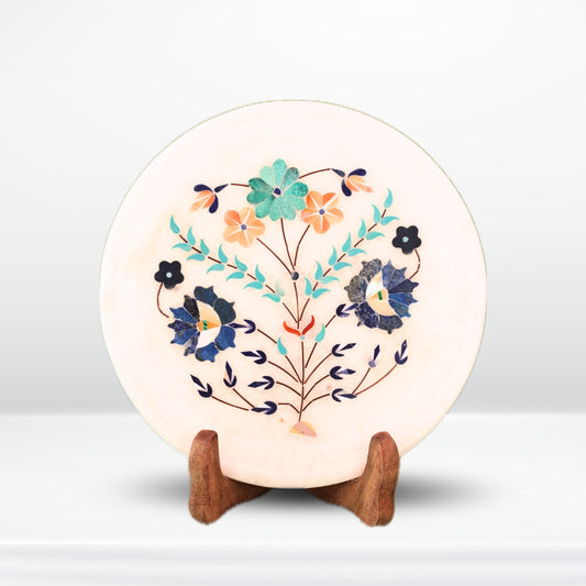 Handcrafted Circular Marble Plate Featuring Floral Inlay Design