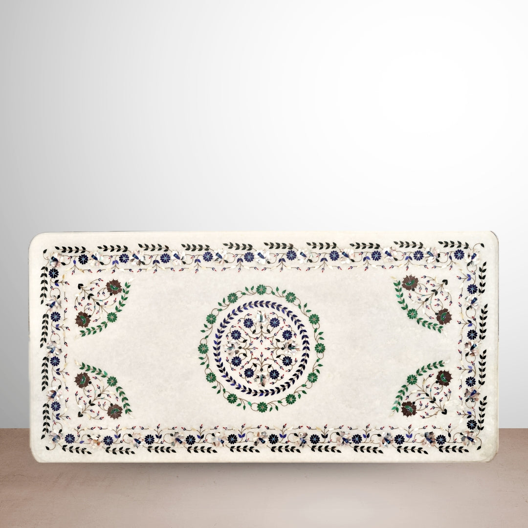 Handmade marble table top with colorful gemstone inlay
