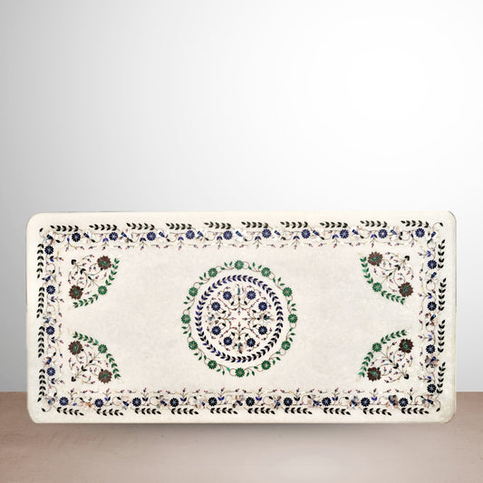 Handmade marble table top with colorful gemstone inlay