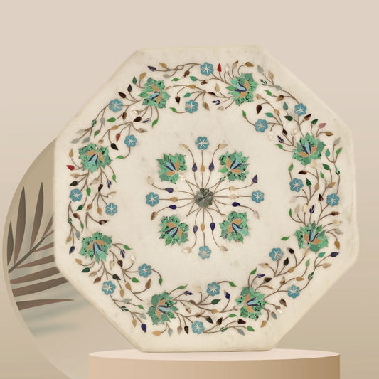 White marble table top with luxury hand-inlay artwork