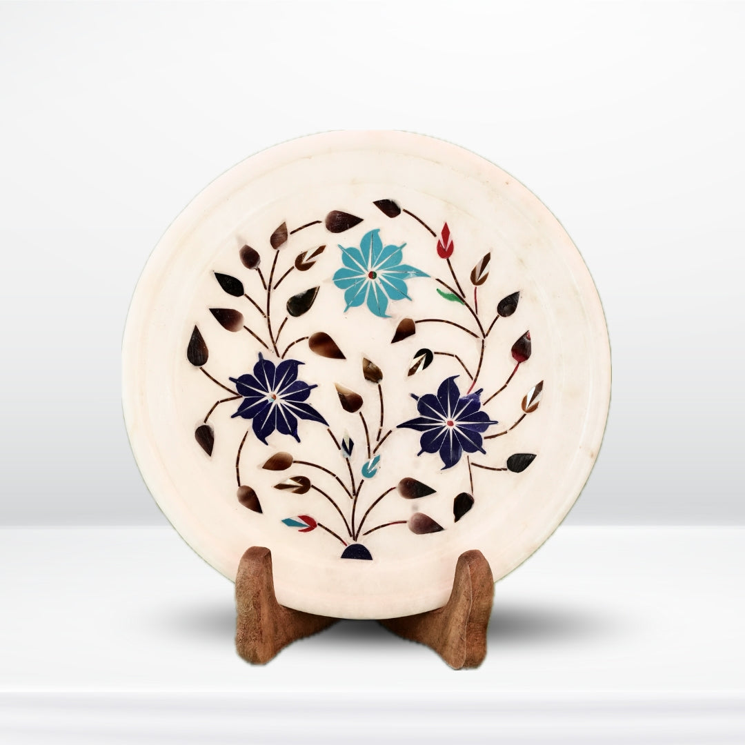 Intricately Designed Round Marble Plate with Floral Motifs