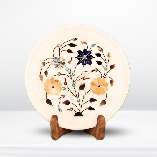 Handmade Round Marble Plate with Colorful Inlay Floral Patterns