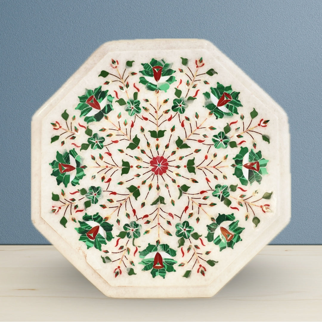 White marble inlay table top made with precision artistry