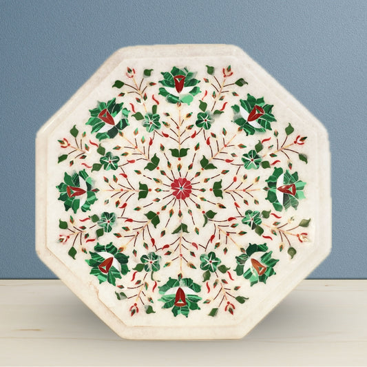 White marble inlay table top made with precision artistry