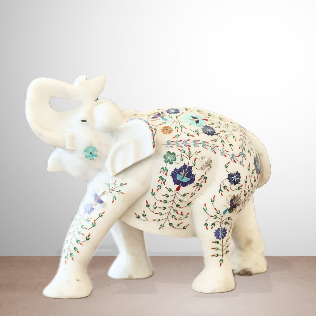 Artistic White Marble Inlay Elephant (15 x 20 Inch)