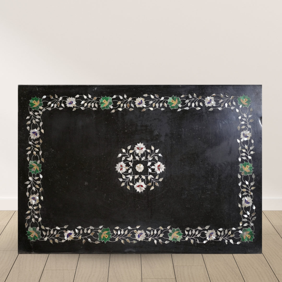 Luxury Black Marble Table Top with Pietra Dura Inlay Art