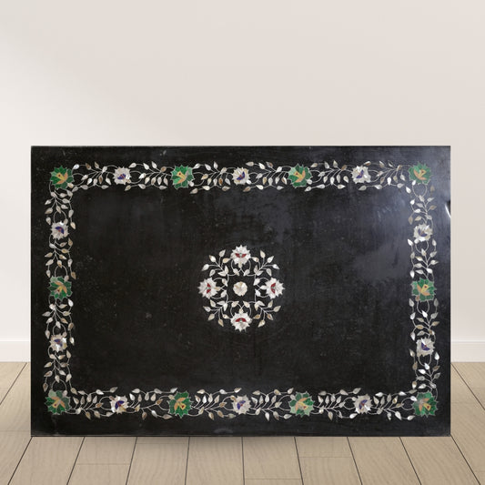 Luxury Black Marble Table Top with Pietra Dura Inlay Art
