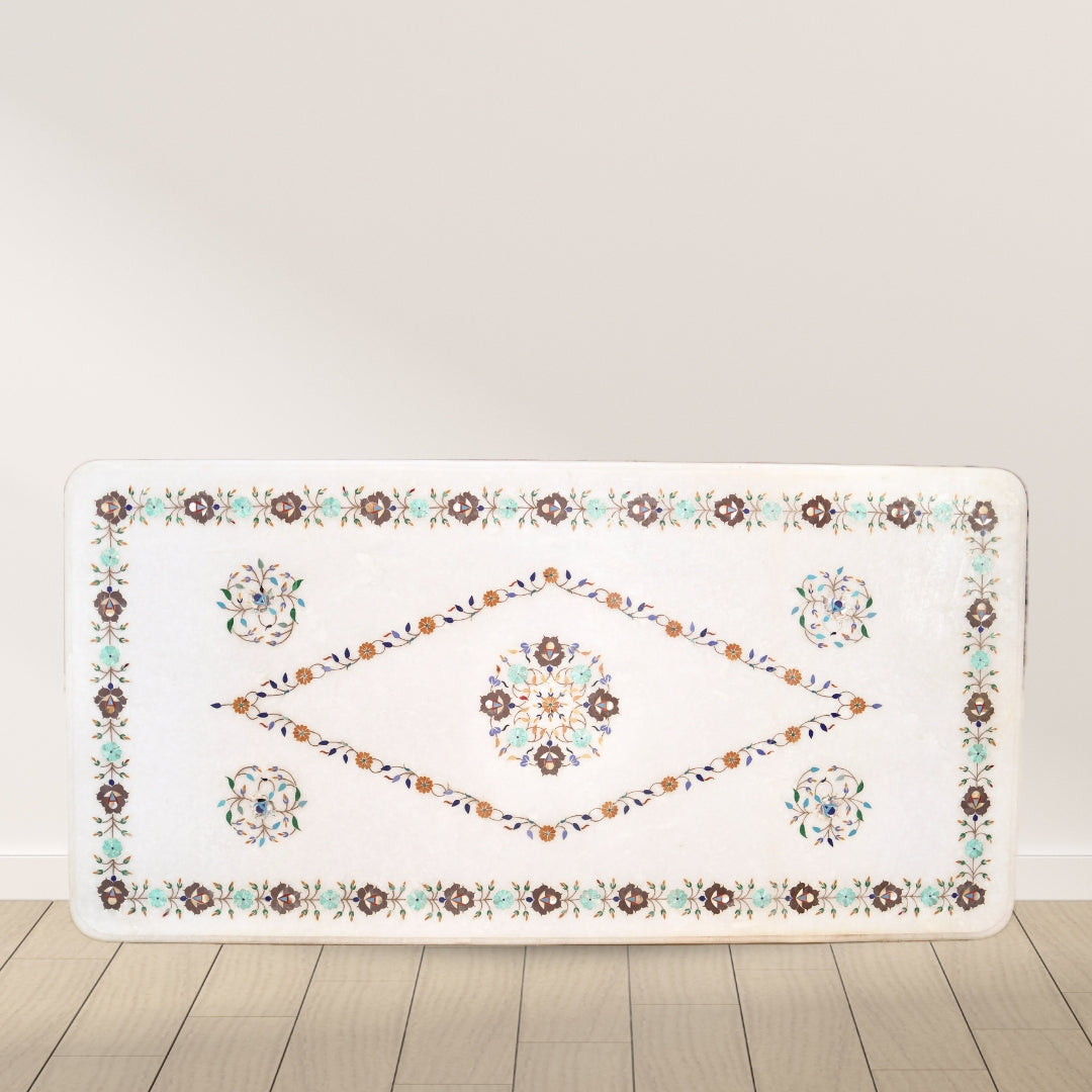 Luxury white marble table top with artistic inlay design