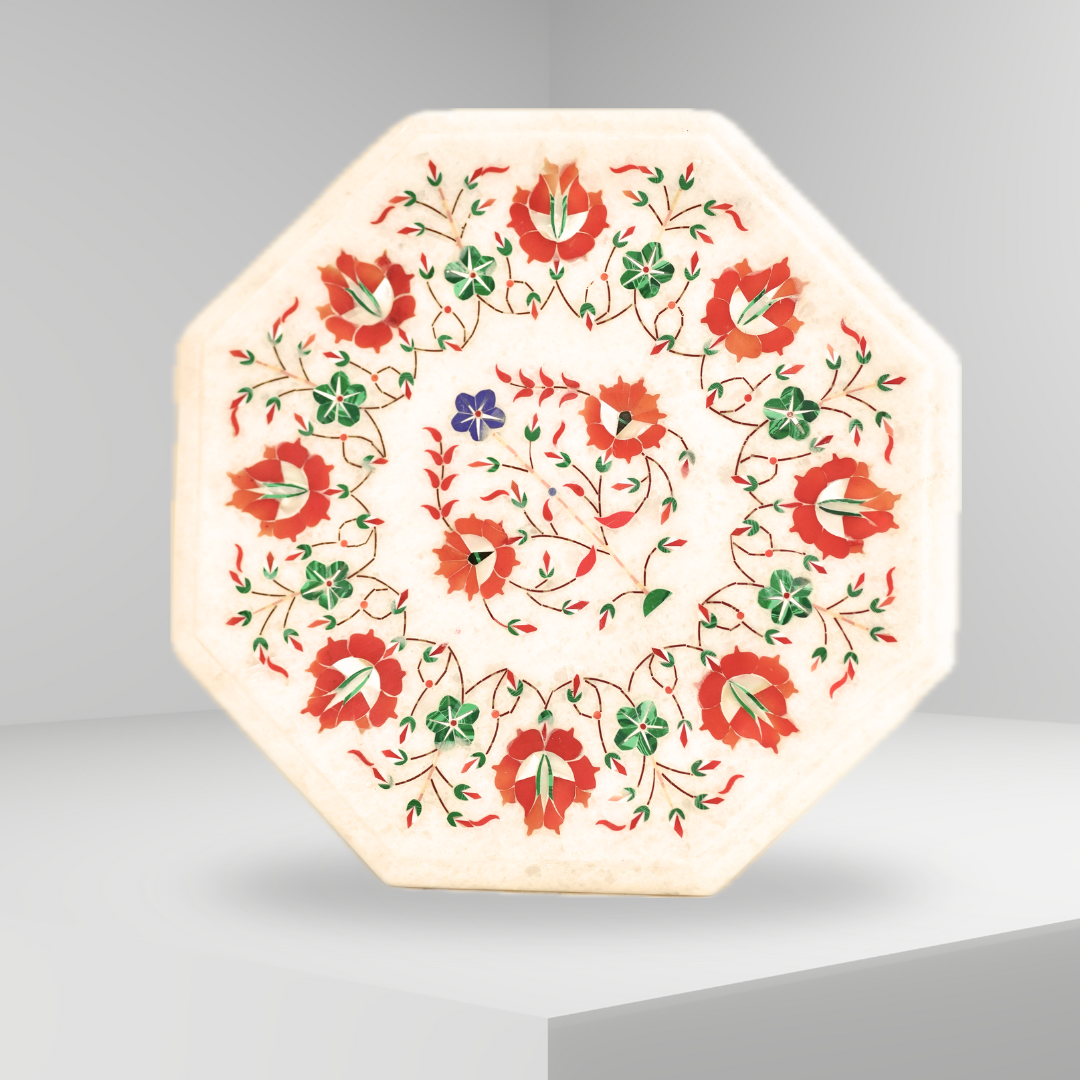Artisan handcrafted marble table top with detailed inlay art