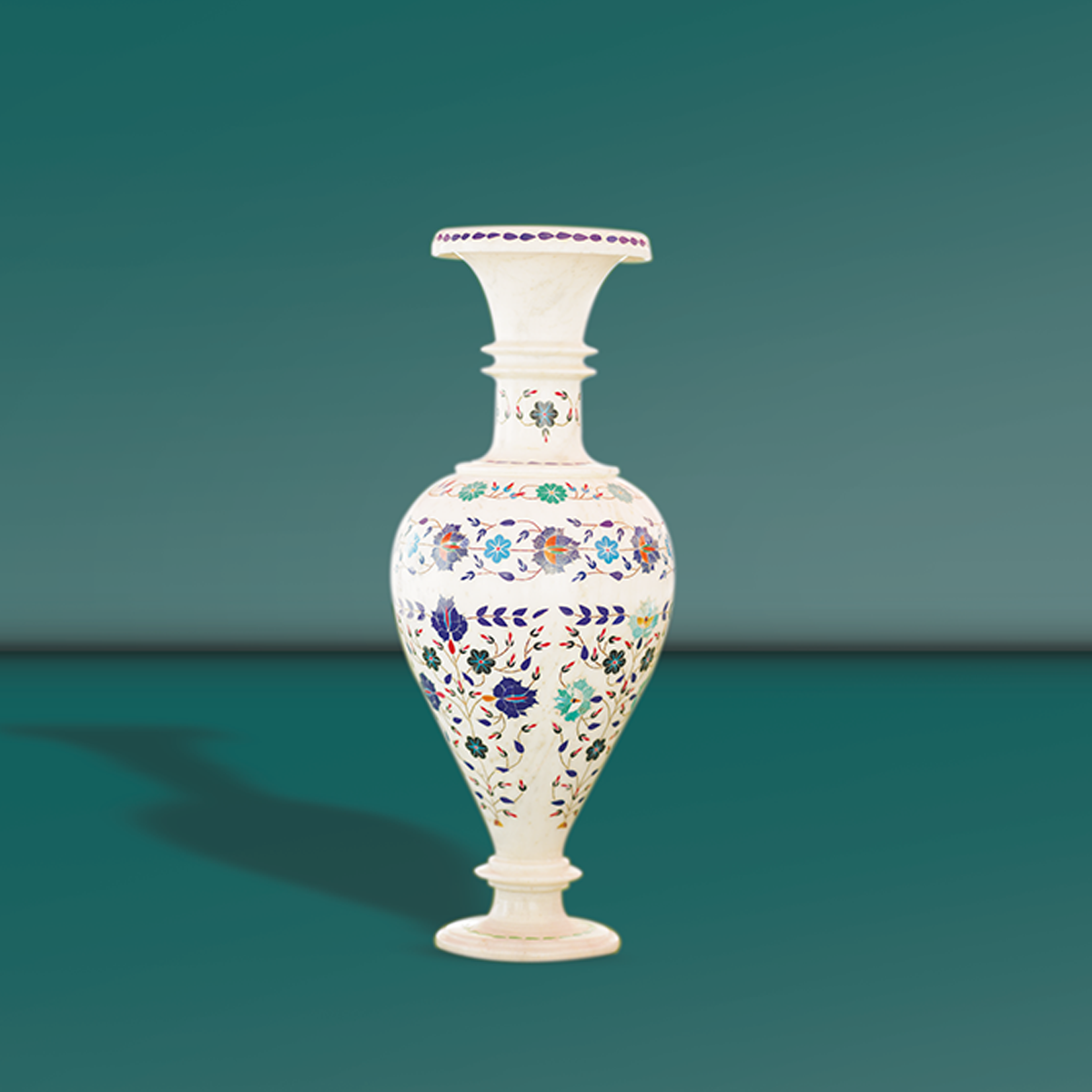 White Marble Designer Flower Pot with Multi-Stone Pietra Dura Inlay