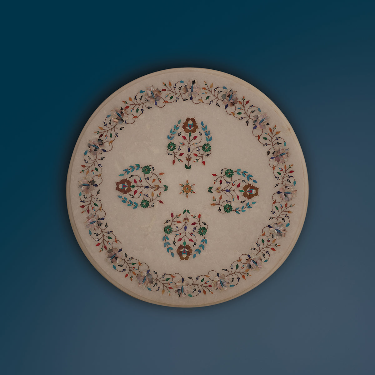 Designer white marble table top with premium inlay stones