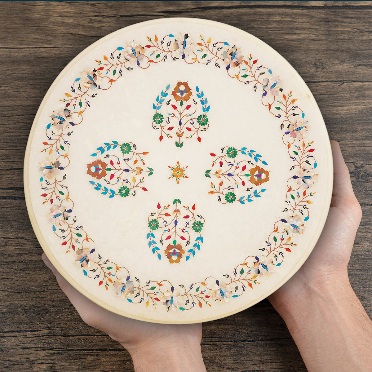 Designer white marble table top with premium inlay stones