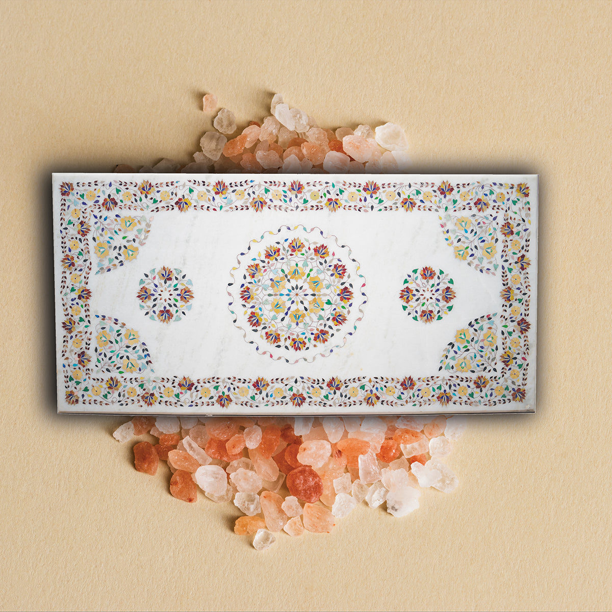 White marble handcrafted table top with inlay work