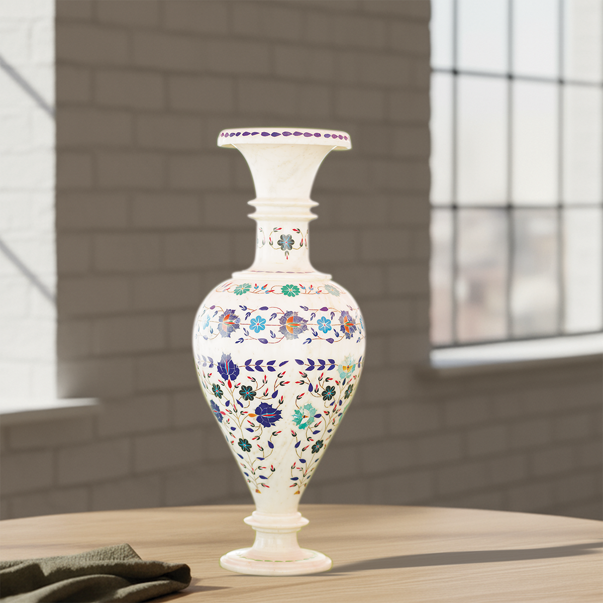 White Marble Designer Flower Pot with Multi-Stone Pietra Dura Inlay