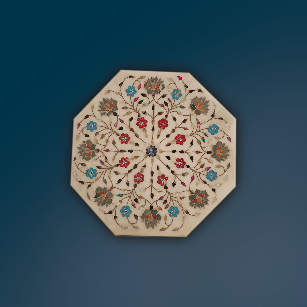 Royal white marble table top with artistic inlay stones