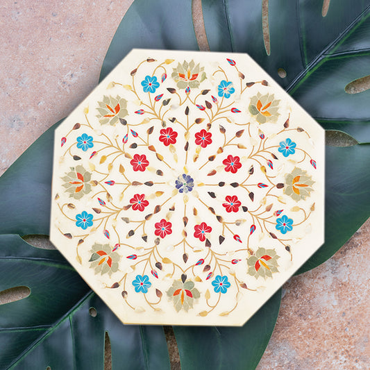 Royal white marble table top with artistic inlay stones