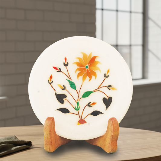 White Marble Floral Inlay Art Plate – Small Size