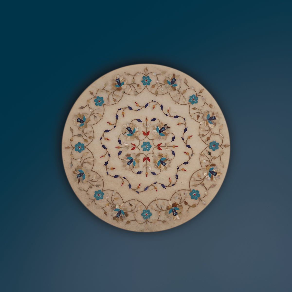 High-quality white marble table top with artisan inlay work