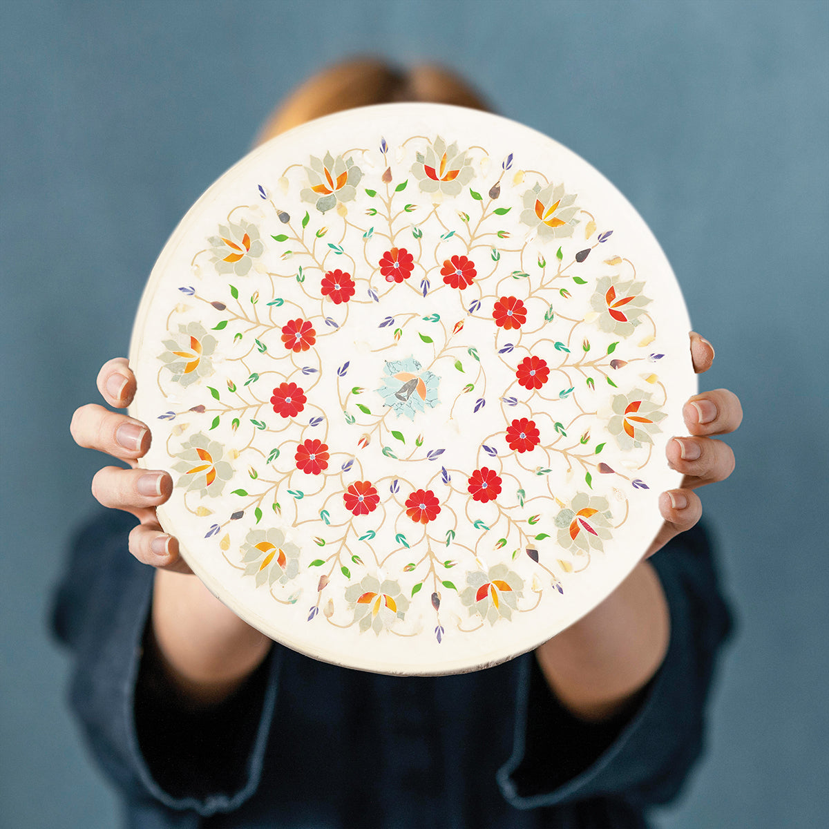 Marble table top with beautiful handcrafted inlay art