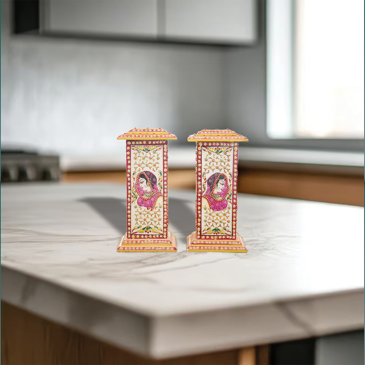 Hand-Painted White Marble Lamp Set