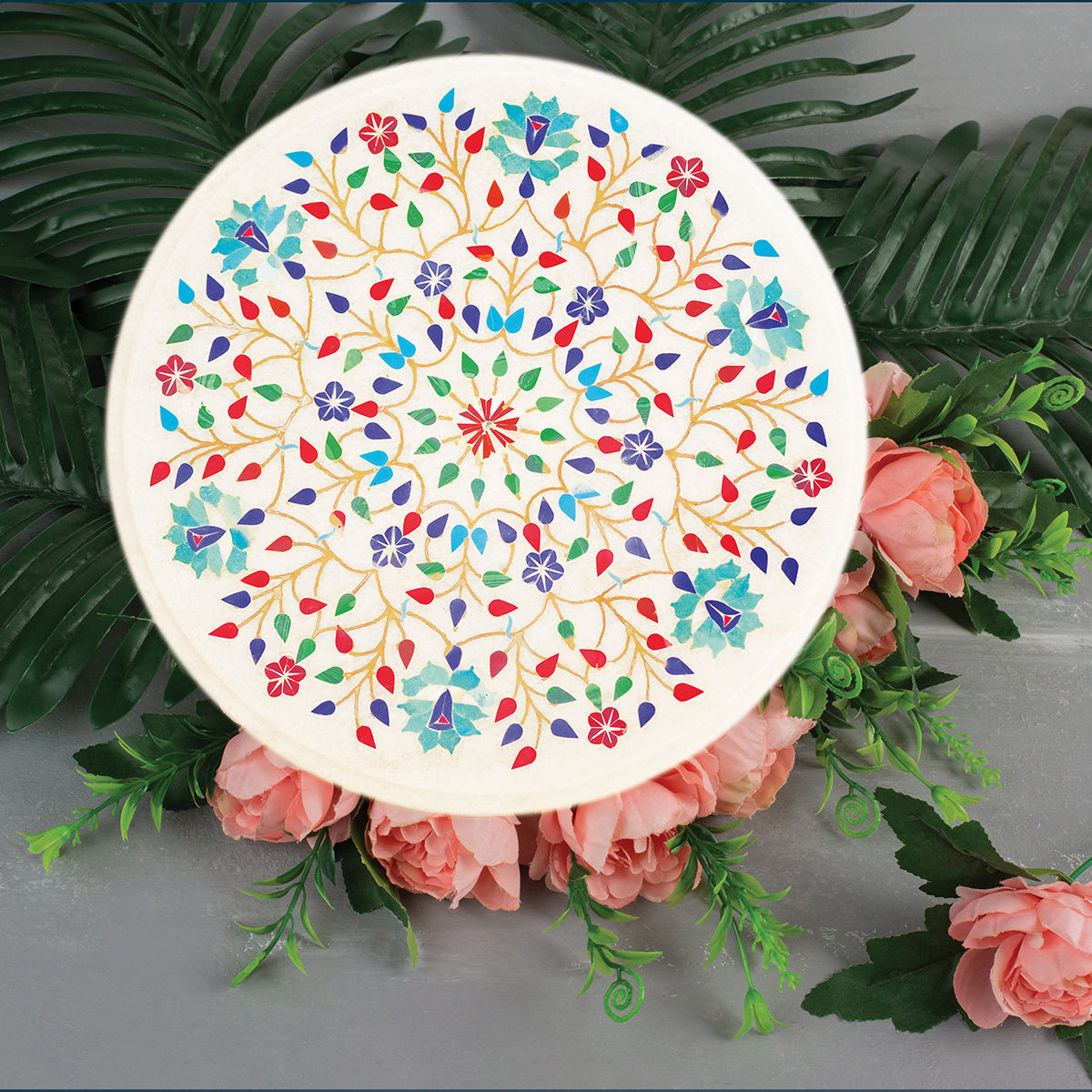 White marble tabletop handcrafted with premium stones