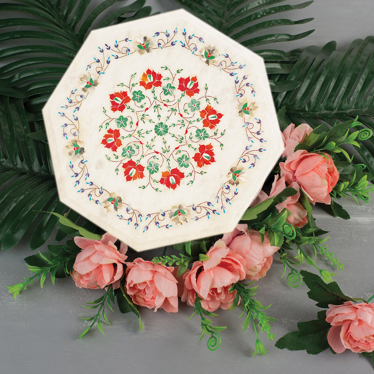 White marble table top with natural gemstone inlay work