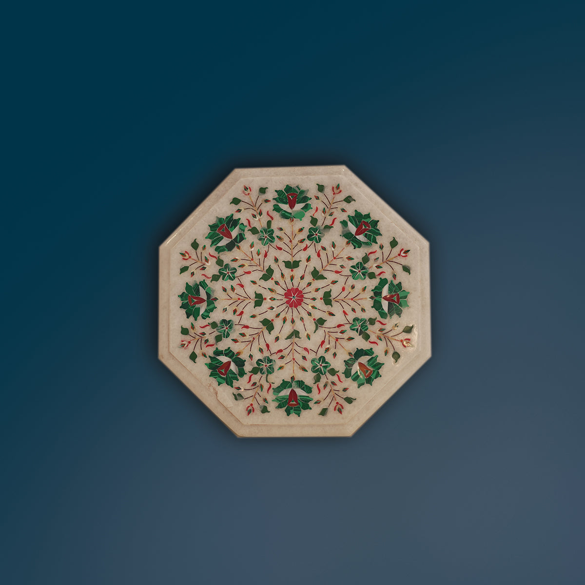 White marble inlay table top made with precision artistry