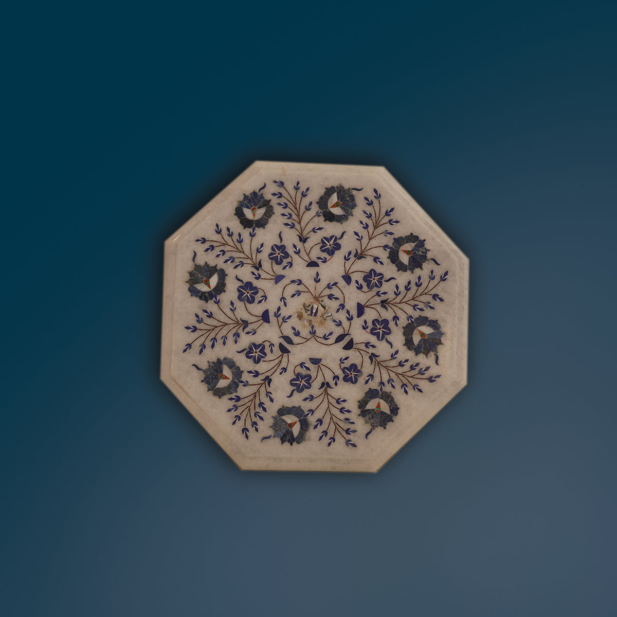 Handmade white marble tabletop with heritage inlay design