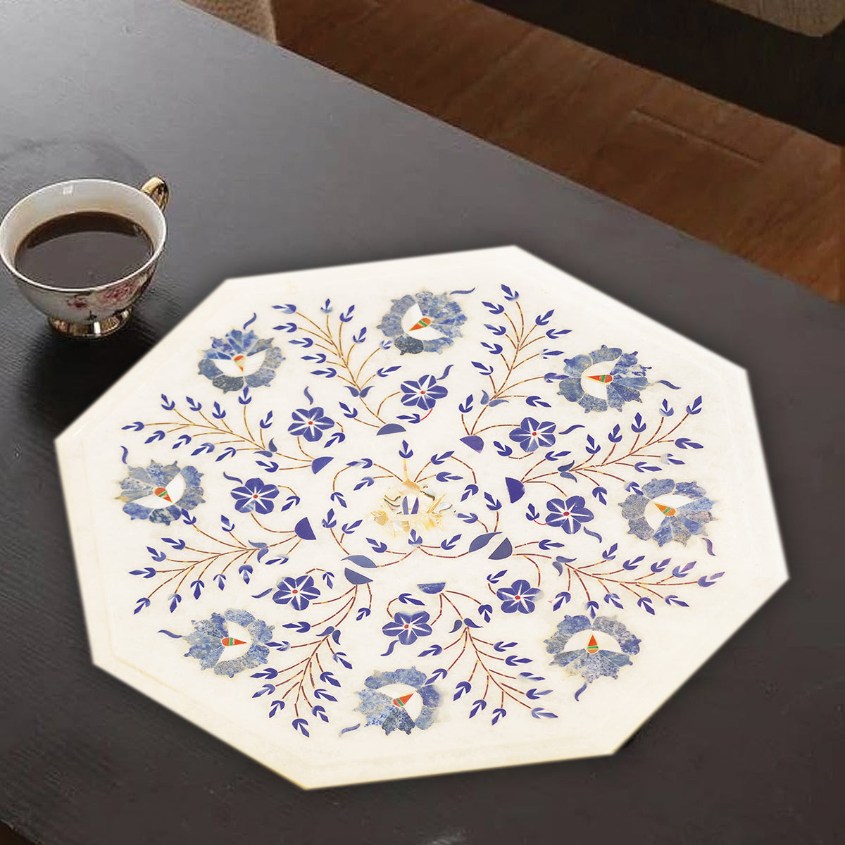 Handmade white marble tabletop with heritage inlay design
