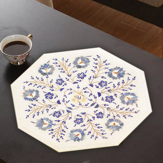 Handmade white marble tabletop with heritage inlay design