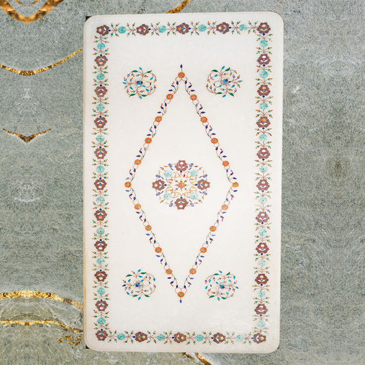 Luxury white marble table top with artistic inlay design