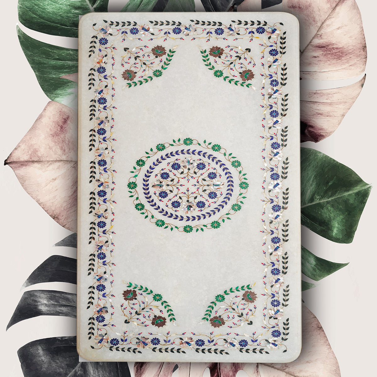 Handmade marble table top with colorful gemstone inlay