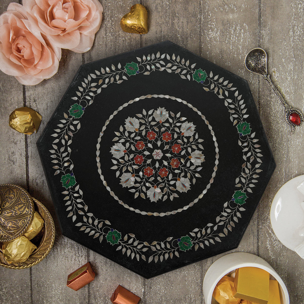 Classic white marble table top with floral inlay patterns